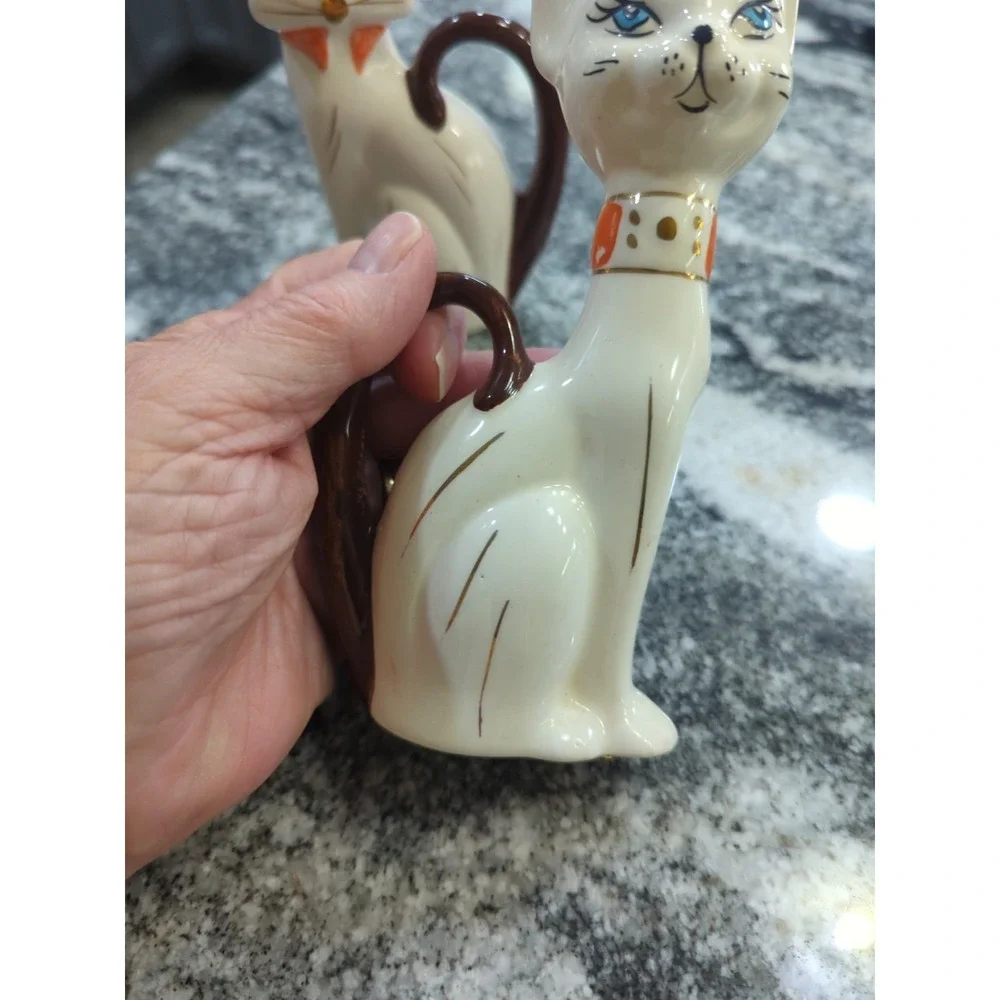 Vintage MCM Pair of Porcelain Cats Kitties Blue Eyes Tall Kitchy Long Tails